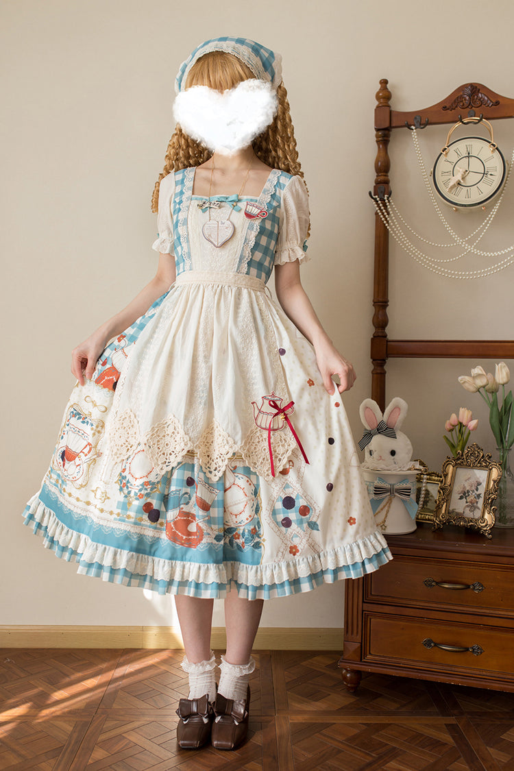 Tea Party Print Short-Sleeve Ruffle Bowknot Elegant Lolita Dress