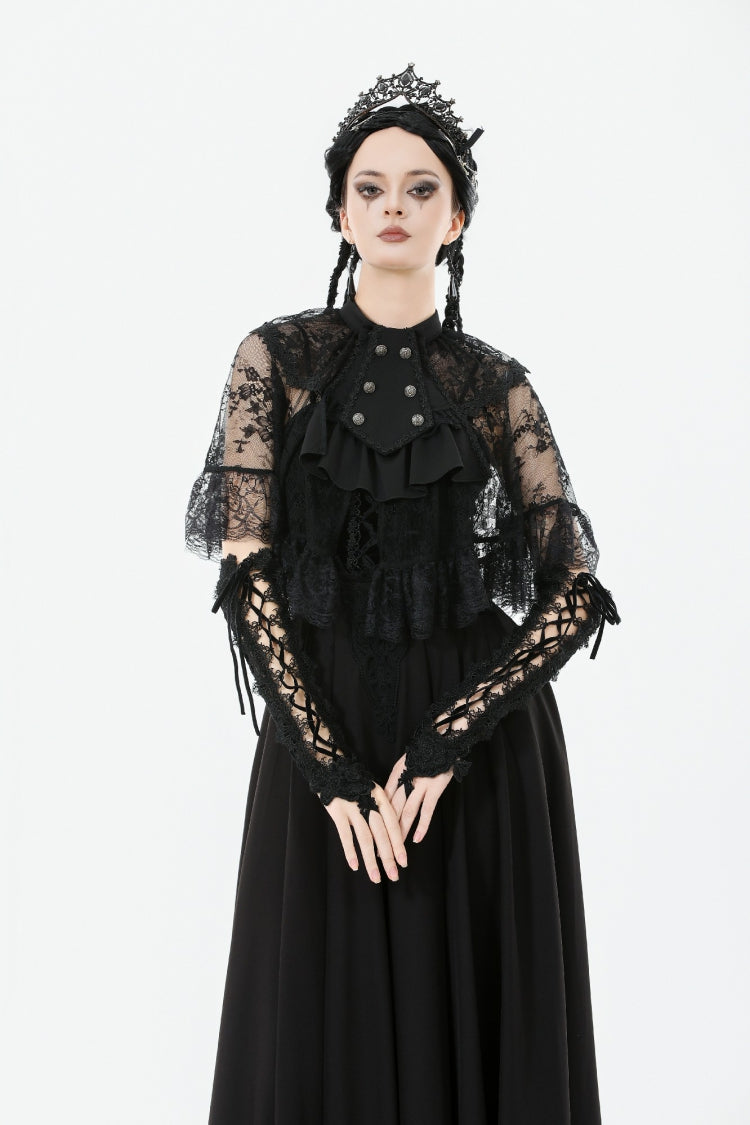 Gothic Cape for Her with Double-Breasted Floral Lace Design