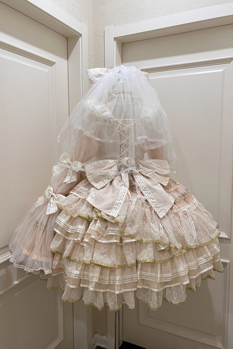 Apricot Coronation Long Trumpet Sleeve Layered Bow Lace Gorgeous Set