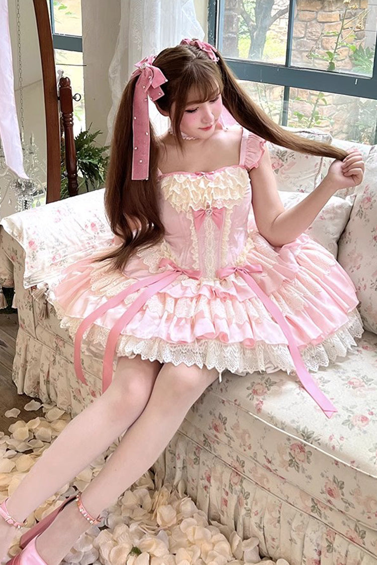 Pink Candy Multi-Layer Ruffle Bow Ballet Lolita Dress - Strawberry Candy