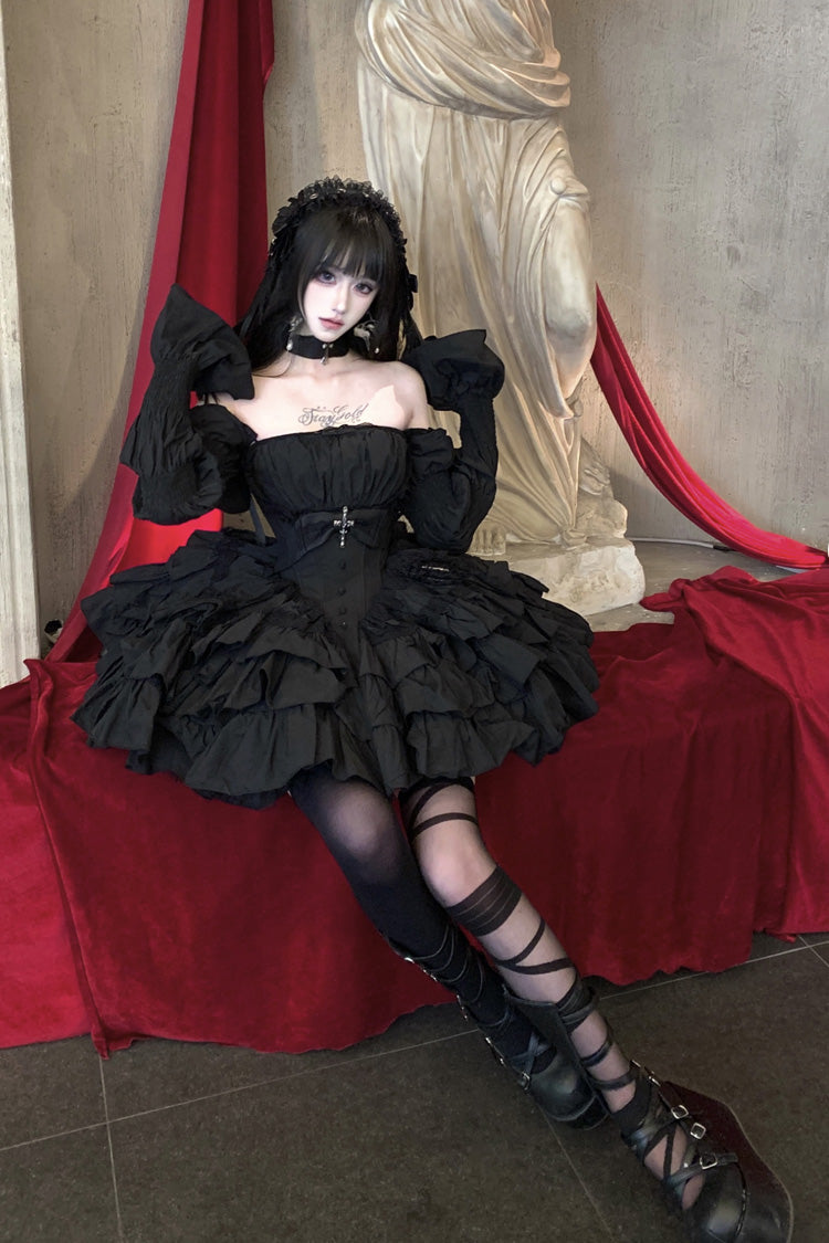 Sleeveless Black Lace Bowknot Triple-Layered Gothic Princess Dress