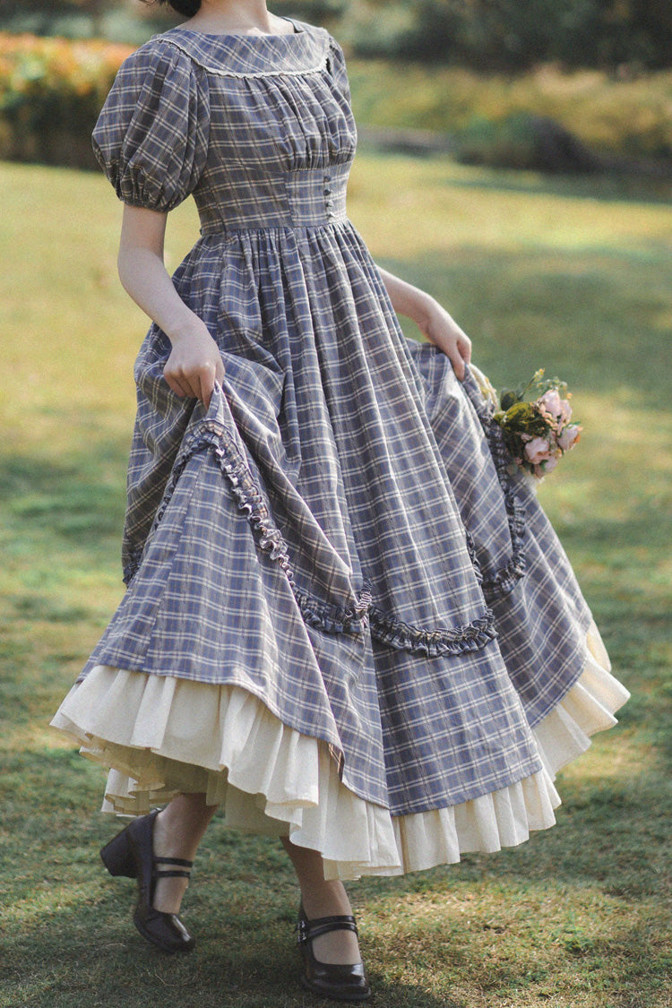 Vintage Elegant Lolita Dress with Boat Neck, Short Sleeves, Ruffled Hem, Grey/Blue