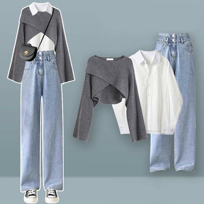 Chic Cross Knit Sweater Lapel Shirt Denim Pants Set