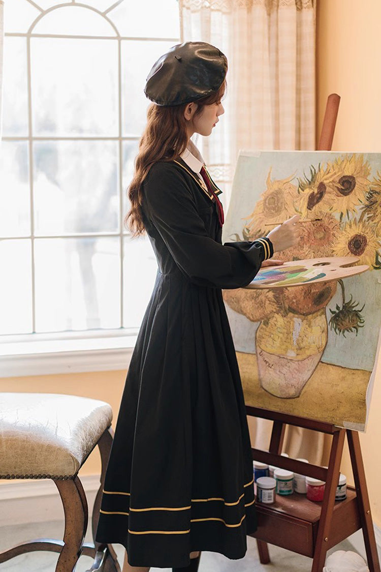 Black Embroidery Dress with Long Sleeves - College Style