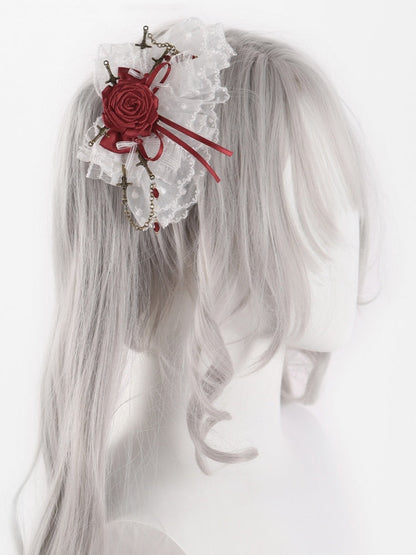 White Lace Red Rosette Bowknot Hairclips