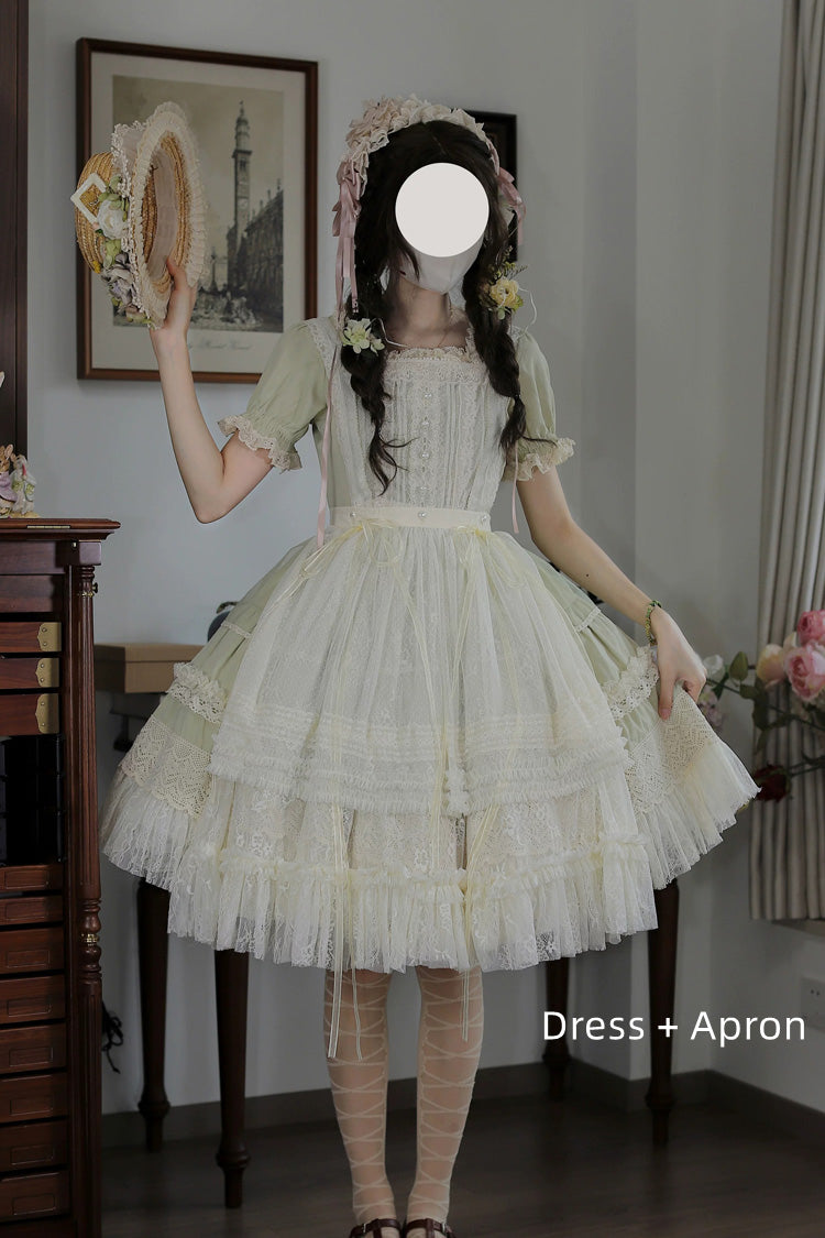 Vintage Ball Square Collar Lace Pearl Sweet Dress in Muscat Green