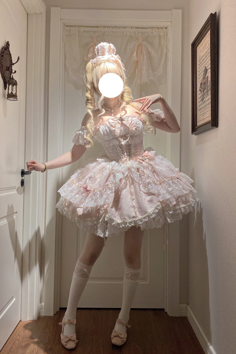 Pink [Anna’s Ball] Square Collar Ruffled Hanayome Bow Lace Sweet Princess Ballet Lolita Jsk Dress