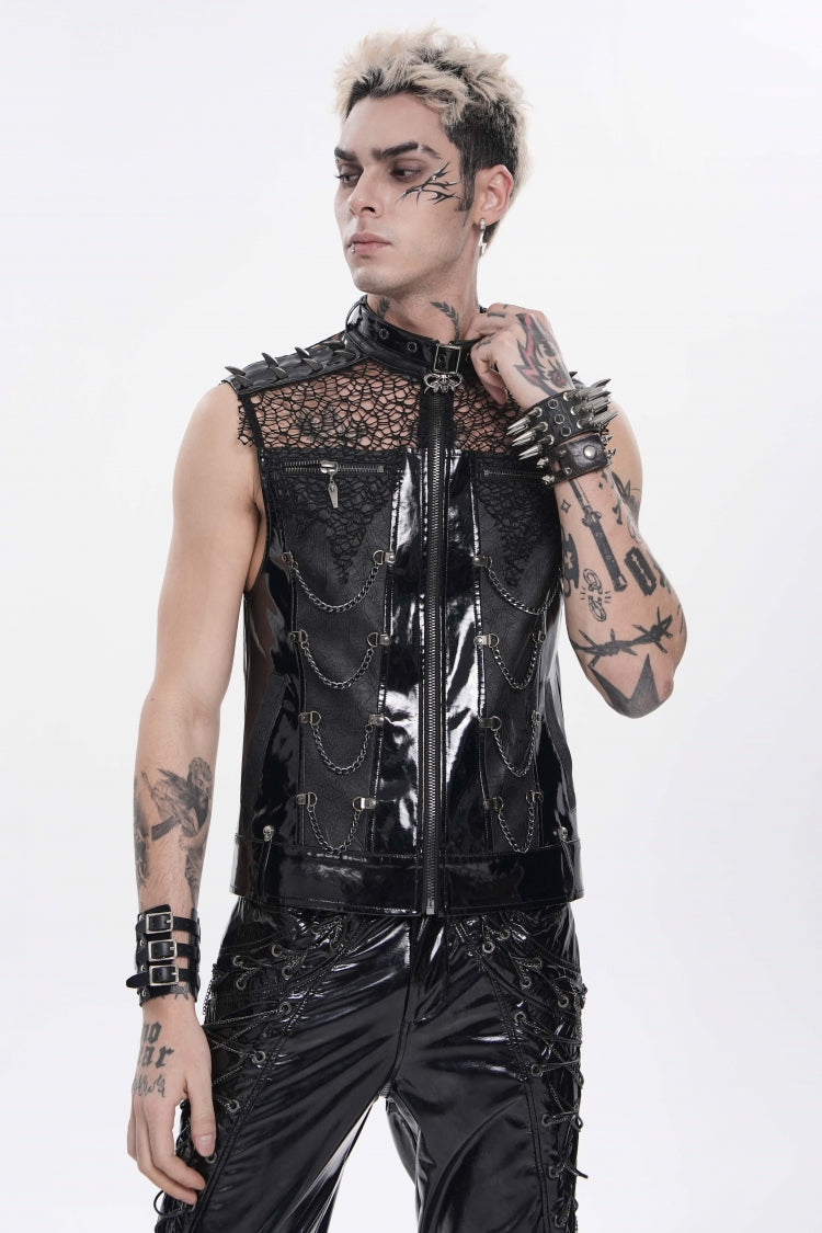 Noir Punk Vest with Chains, Studs, and Mesh Accents