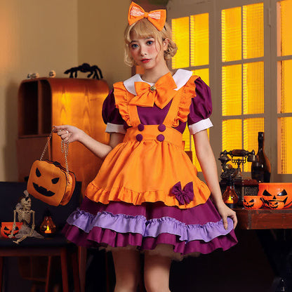 Cute Orange Bow Decor Puff Sleeve Maid Dress