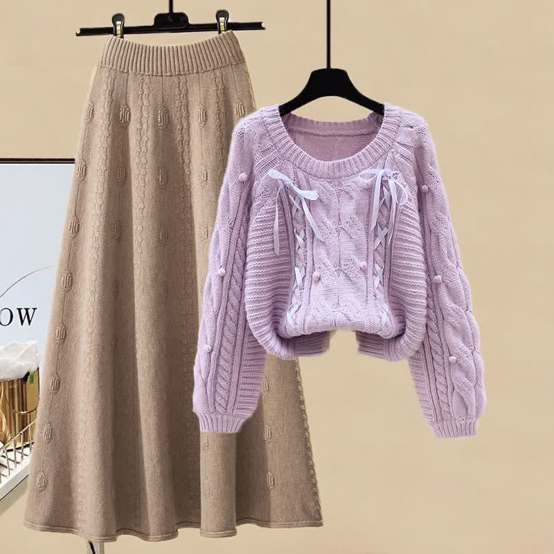 Pills Decor Cable Knit Sweater Skirt Set