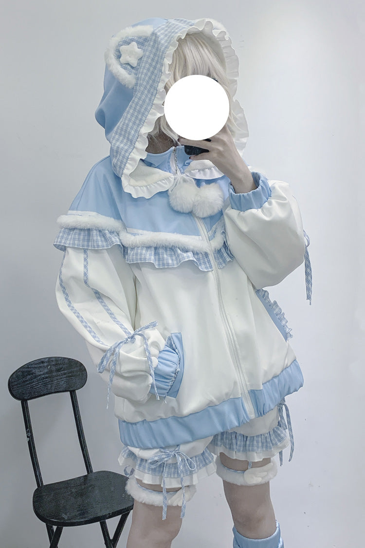 White Blue Long Sleeve Ruffled Hooded Jirai Kei Sports Coat
