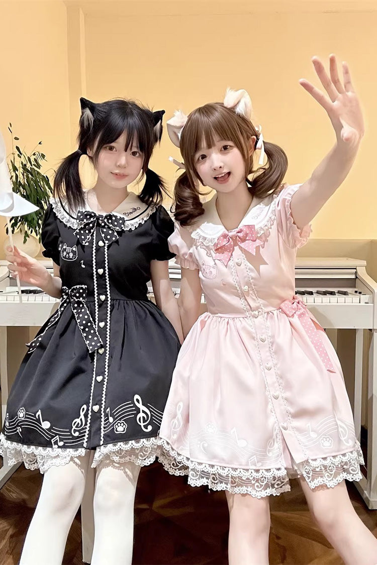 Pink Melody Kitty Doll Collar Short Sleeves Ruffled Embroidered Bow Lace Sweet Dress