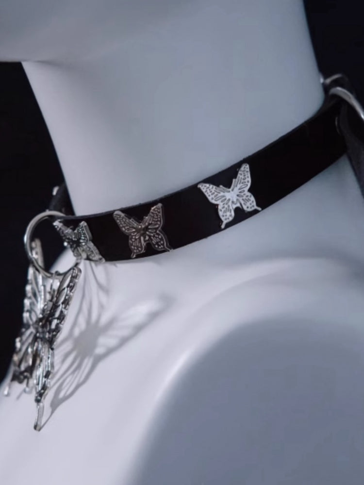 Handmade Metal Butterfly Pendant Black Choker