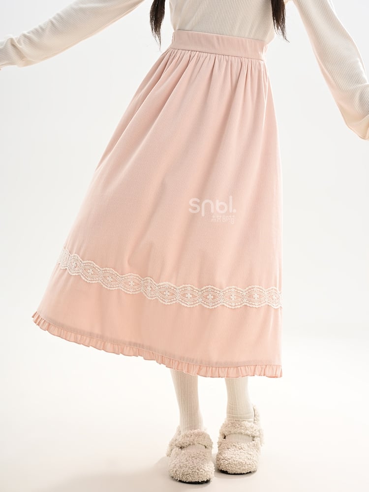 Pink Lace Accents Midi Skirt