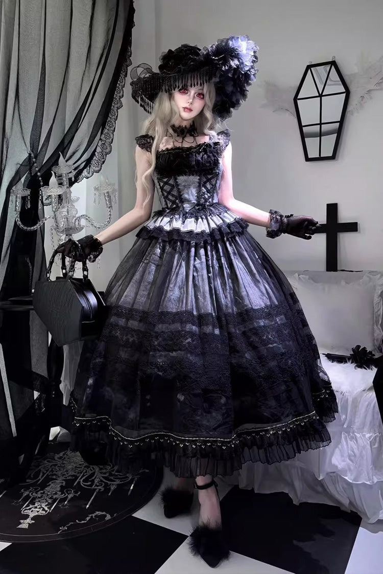 Sweet Lolita JSK Skirt Set with Ruffle Bowknot, Lace-Up, Grey/Blue Mist Vineyard