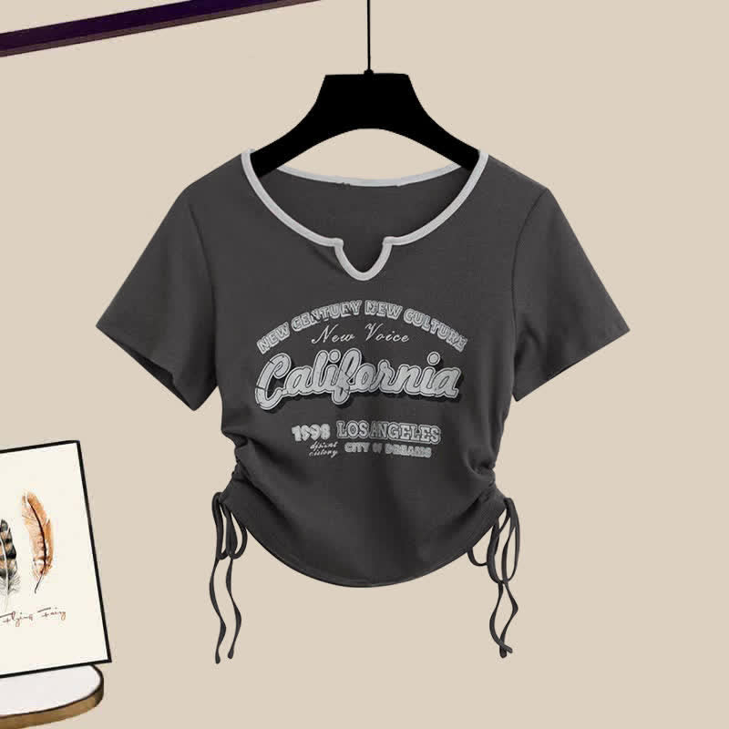 Casual Letter Print Drawstring Crop Top T-Shirt Pocketed Cargo Pants