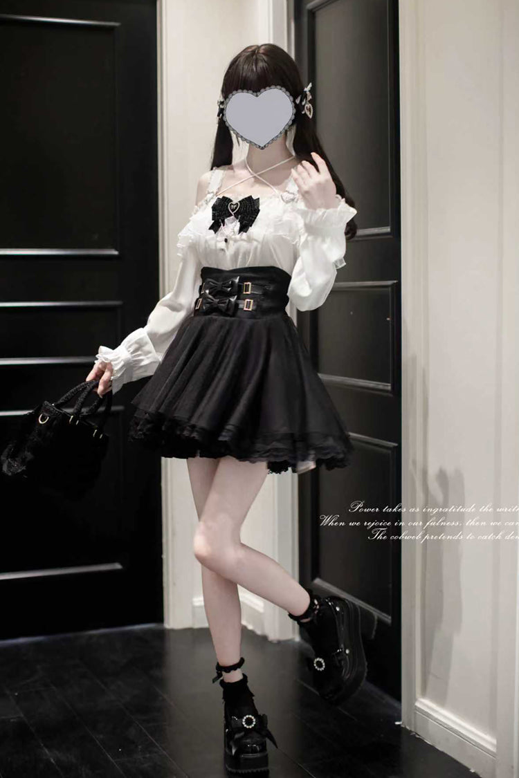 Black Solid Color Bow Sweet Jirai Kei Skirt