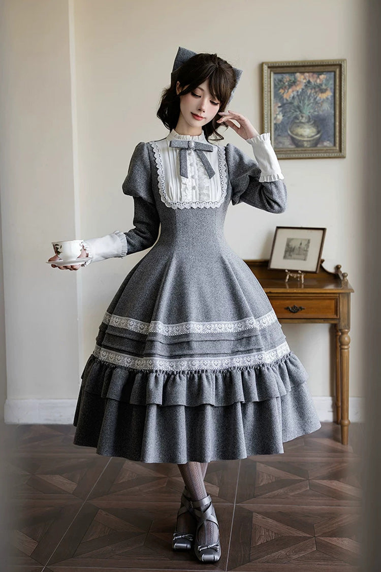 Ash Stand-Collar Ruffled Bow Lolita Gown with Poetry Motif