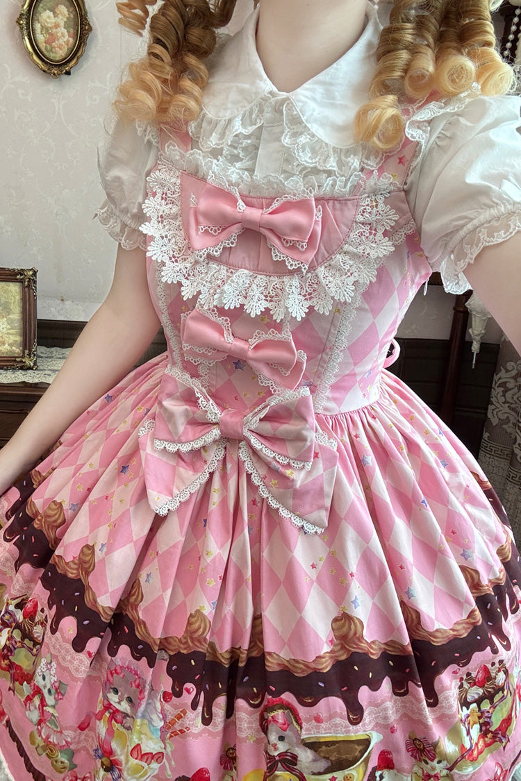 Sleeveless Lace Bow Print Sweet JSK Dress in 3 Colors - Cream Meow