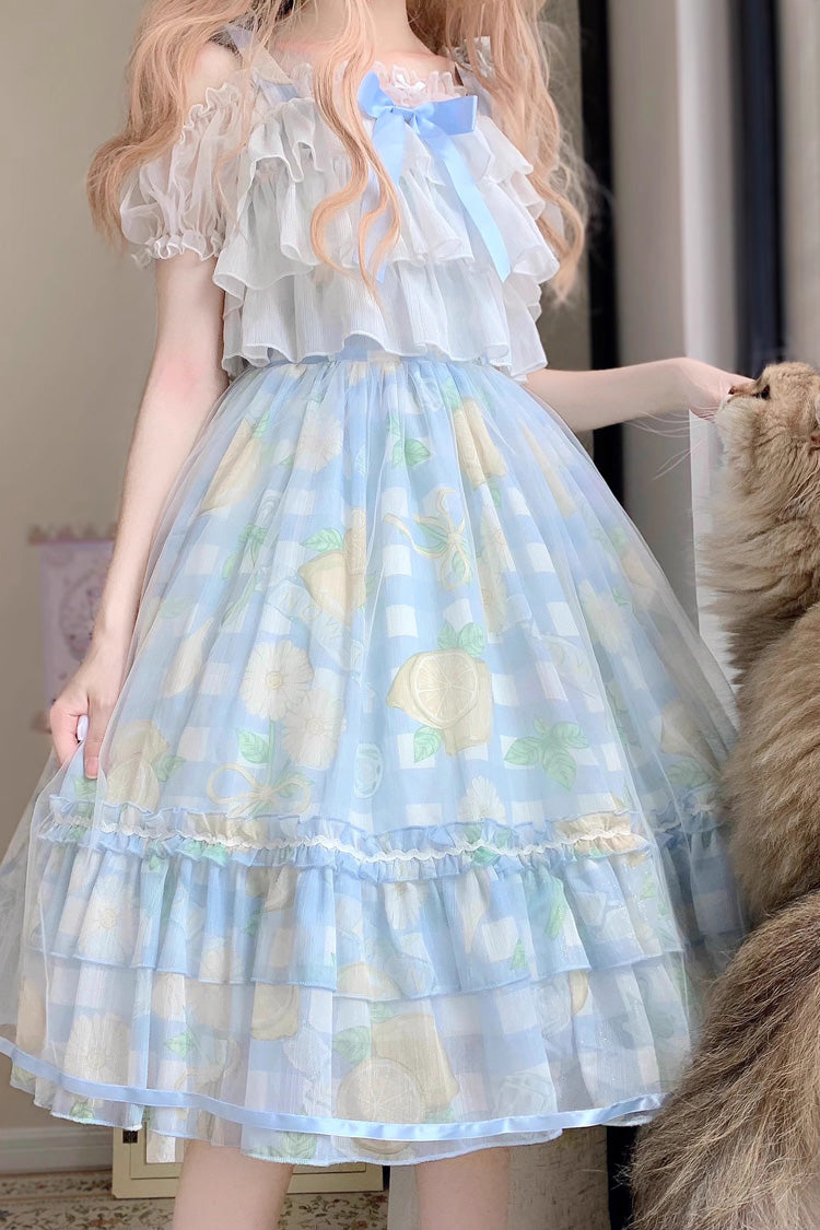 Blue Lemon Sweet Lolita Short Sleeve Print Ruffle Bowknot Jsk Dress