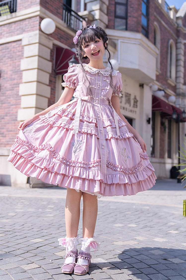 Pink Doll Collar Dress with Iris Embroidery - Sweet