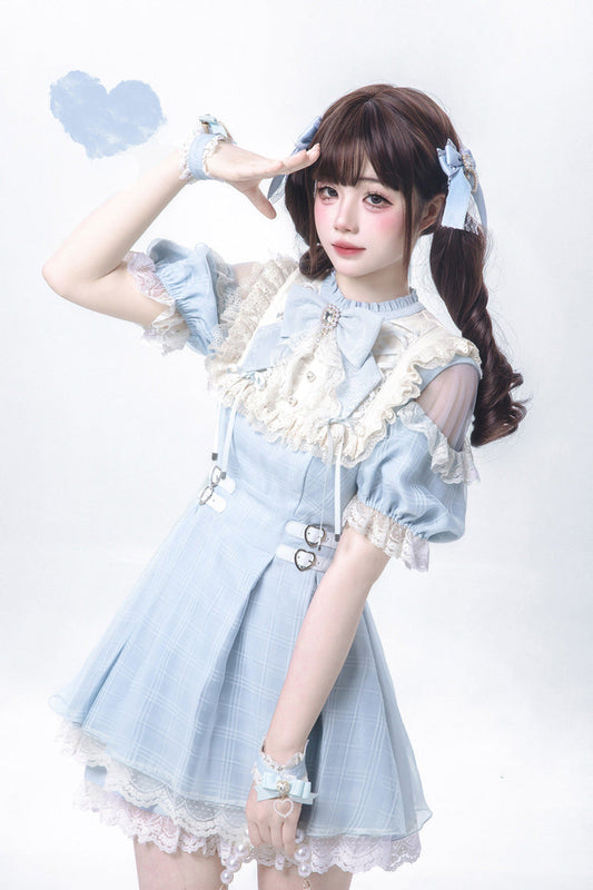 Blue/Aqua Short Sleeves Plaid Printed Ruffled Lace Sweet Jirai Kei Japanese Lolita Dress