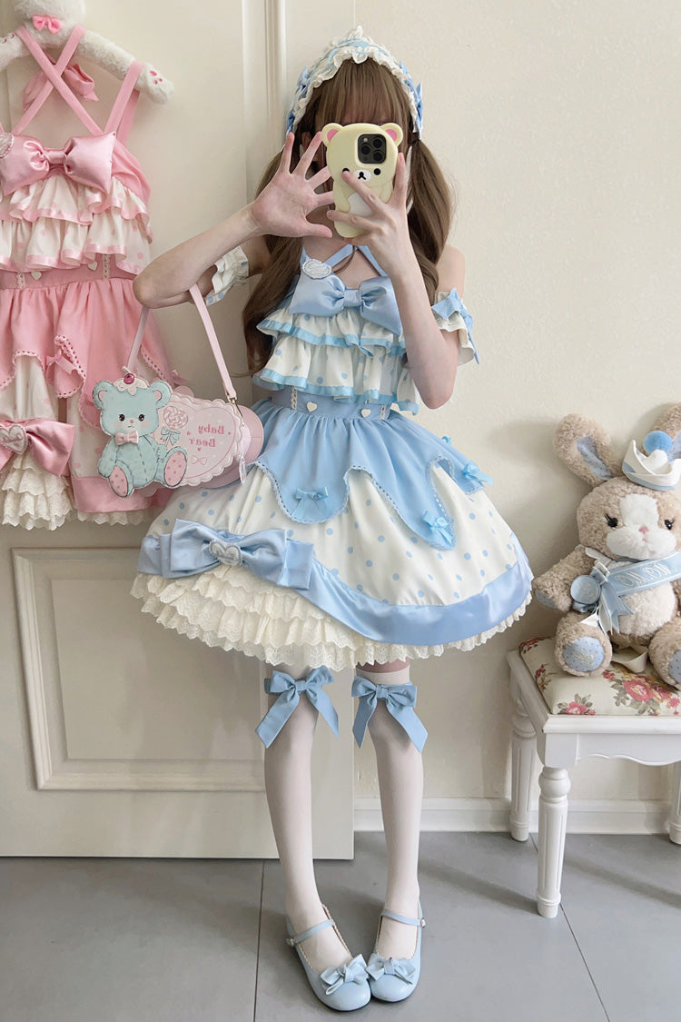 Blue Cream Polka Dot Ruffled Bowknot Sweet Lolita Jumper Dress