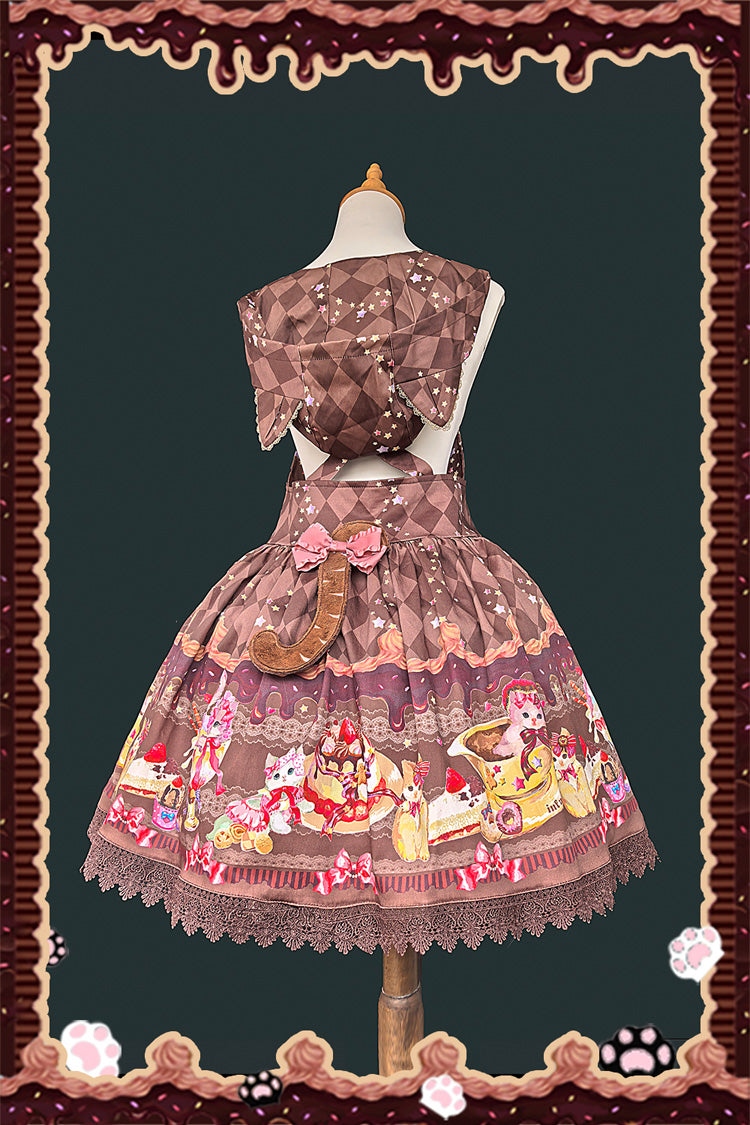 Hooded Strap Dress with Print and Bow in 3 Shades - Cream Meow