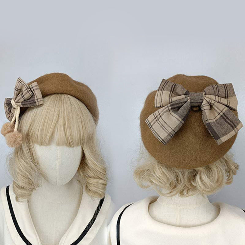 Vintage Bow Knot Plaid Lolita Beret