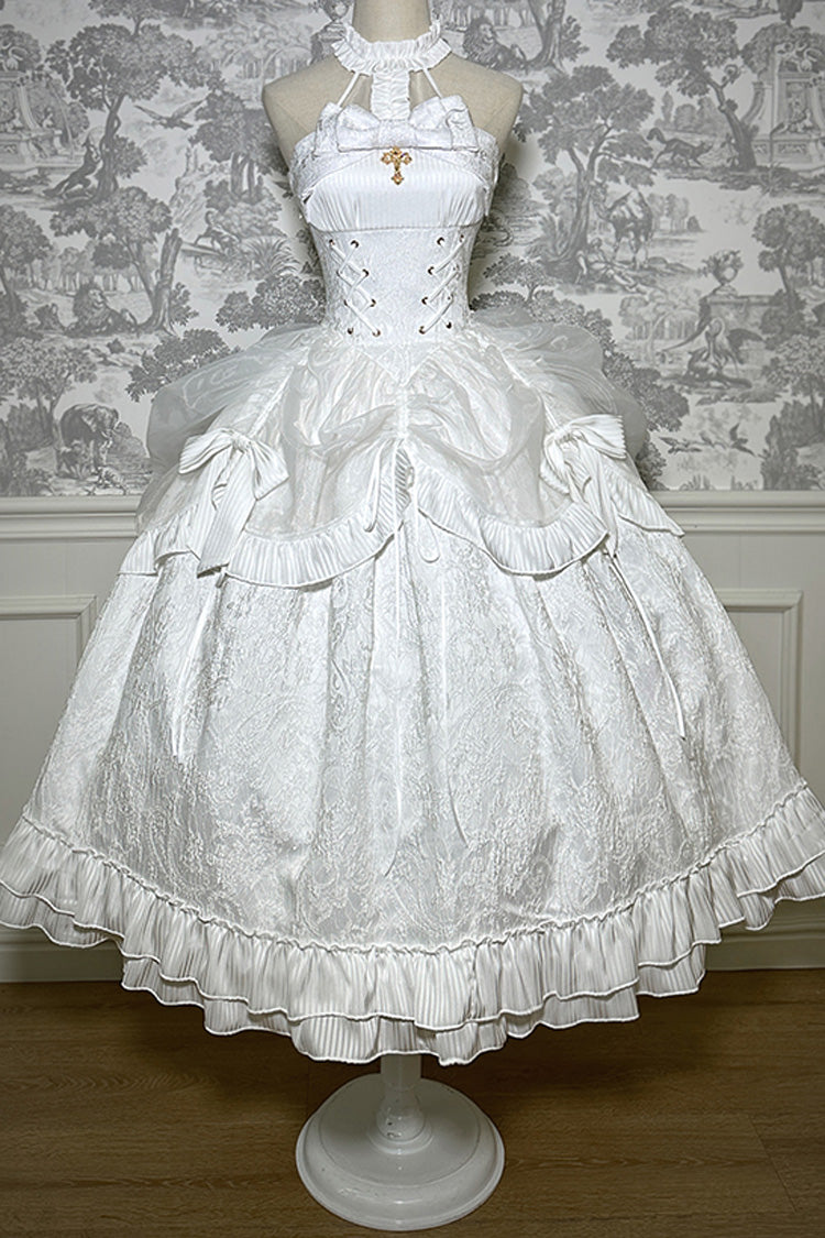 Solid Halterneck Ruffled Bowknot Drawstring Gothic Lolita Dress