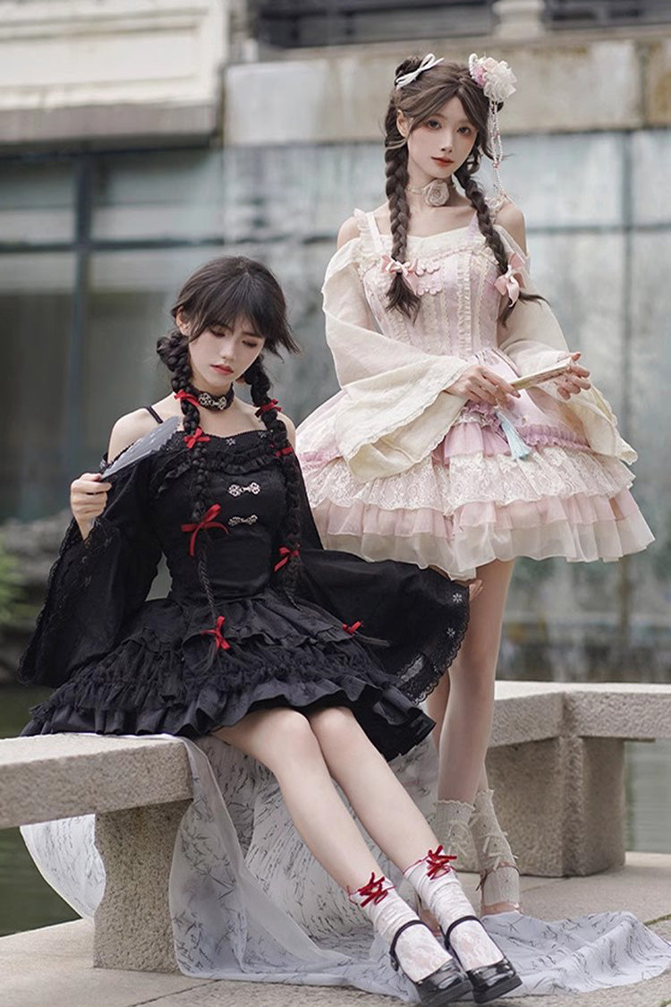 Gothic Chinese Lolita Skirt with Bamboo Leaves Print, Ruffles and Lace