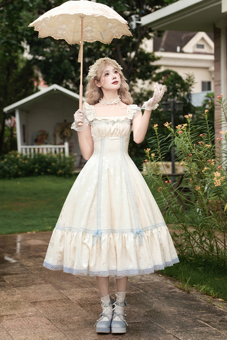 Ivory Square Collar Flutter Sleeve Ruffle Fishbone Sweet Long Jumper - Sea Salt Iced Tea