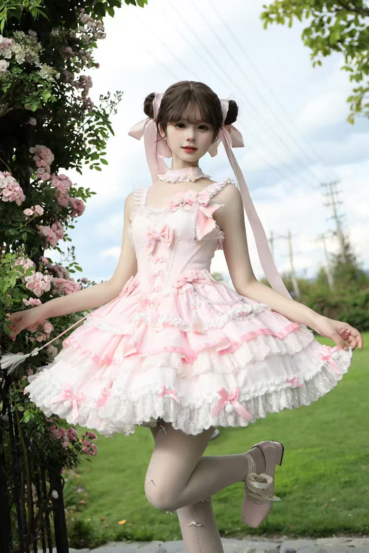Pink [Prelude of Spring Cherry] Square Collar Sleeveless Multi-Layered Jacquard Ruffled Bow Lace Pearl-Decorated Sweet Lolita Jsk Dress