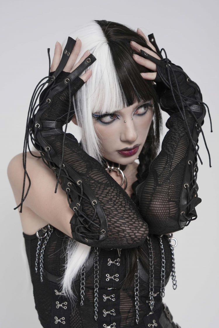 Noir Punk Fingerless Gloves with Mesh and Eyelets