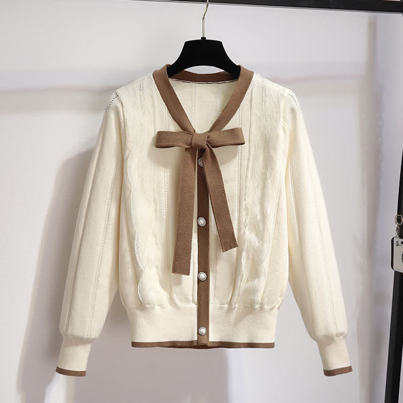 Elegant Bowknot Cardigan Sweater Elastic Waist Shorts