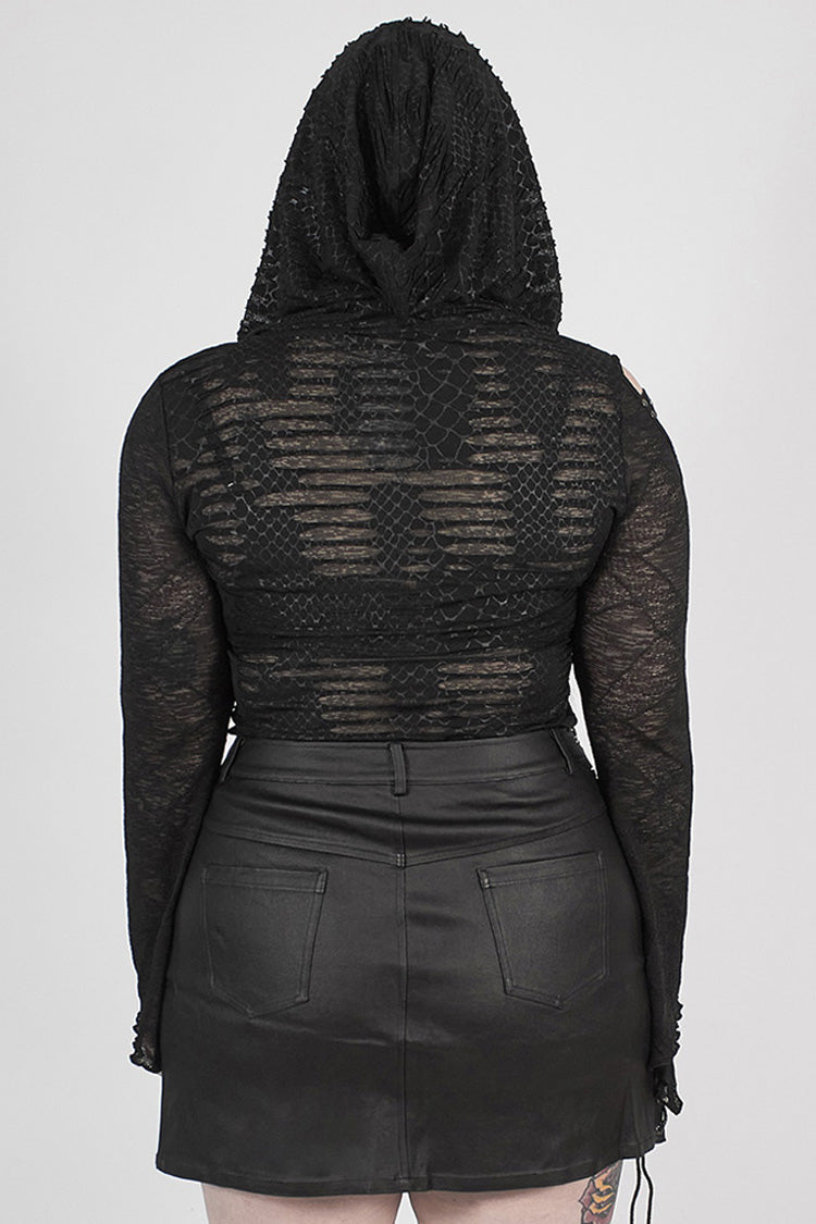 Plus Size Punk T-Shirt for Women in Black with Lace-Up Chest, Flare Sleeves & Distressed Knit Hood