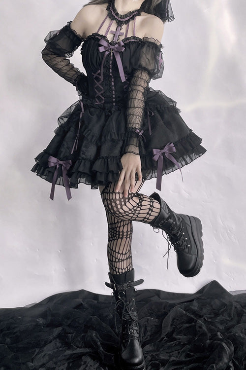 Purple-Trimmed Sleeveless Bow Ruffled Layered Lolita Gown