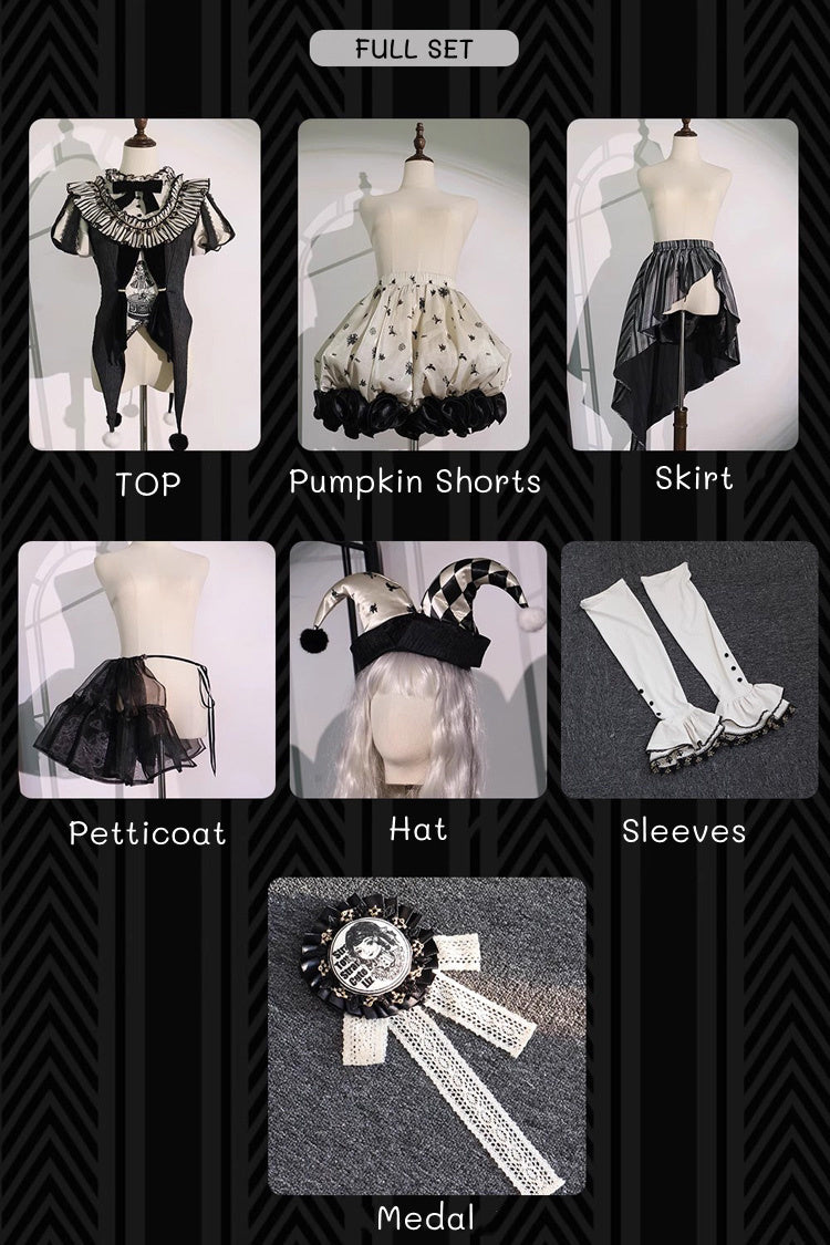 Noir Clown Print Ruffle Embroidered Asymmetric Ouji Full Set - Weird Toy Box