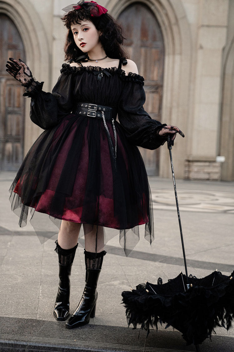 Gothic Lolita Short OP Dress with Metal Chain & Organza Trim