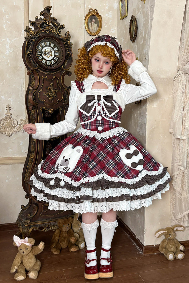 Red Long Sleeves Triple-Layered Printed Ruffled Bow Sweet Lolita Jsk Dress Set