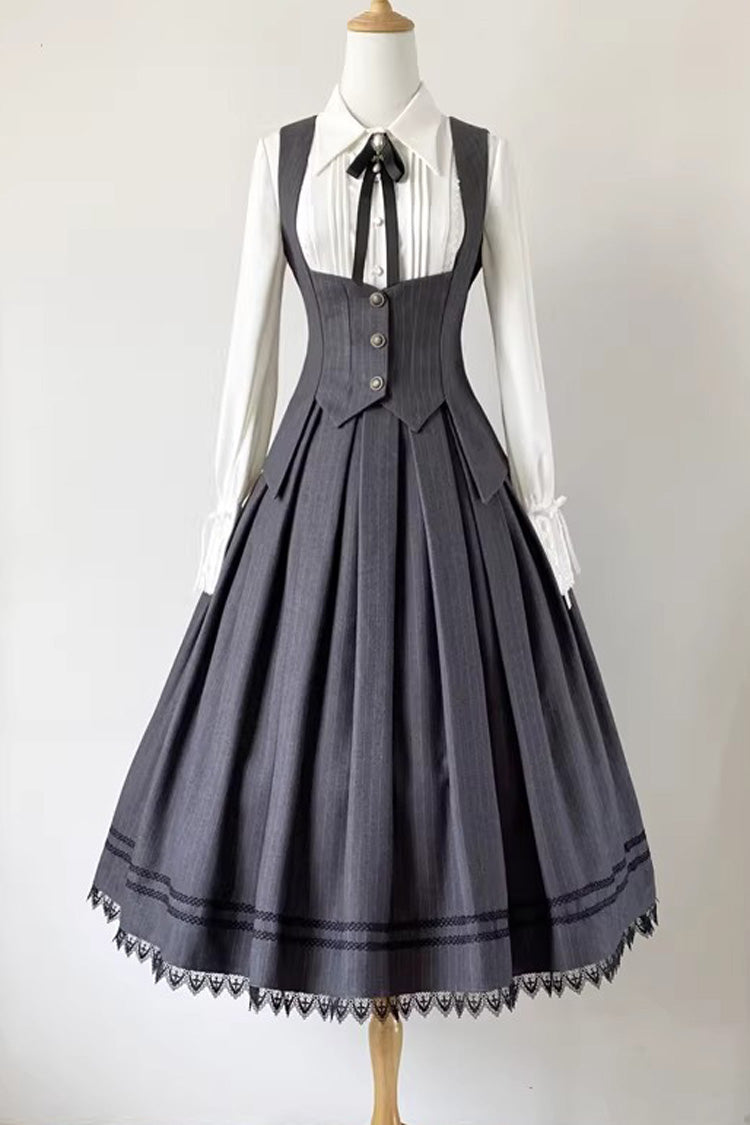 Ash Striped Gothic Skirt-Vest Ensemble with Ruffle Trim