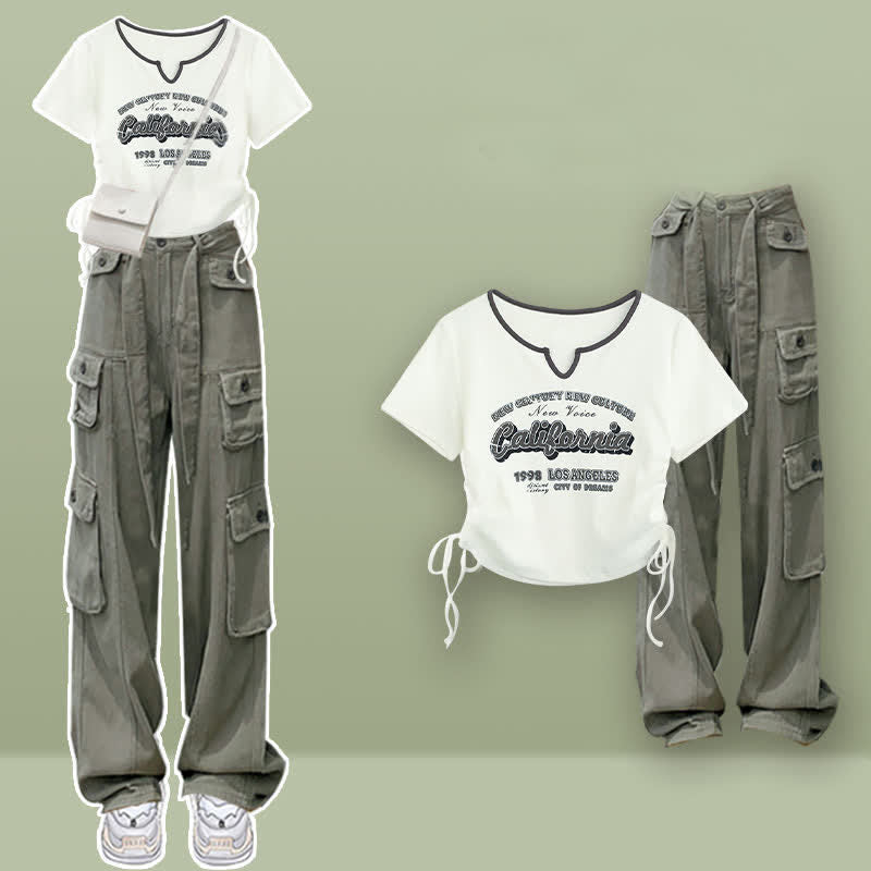 Casual Letter Print Drawstring Crop Top T-Shirt Pocketed Cargo Pants