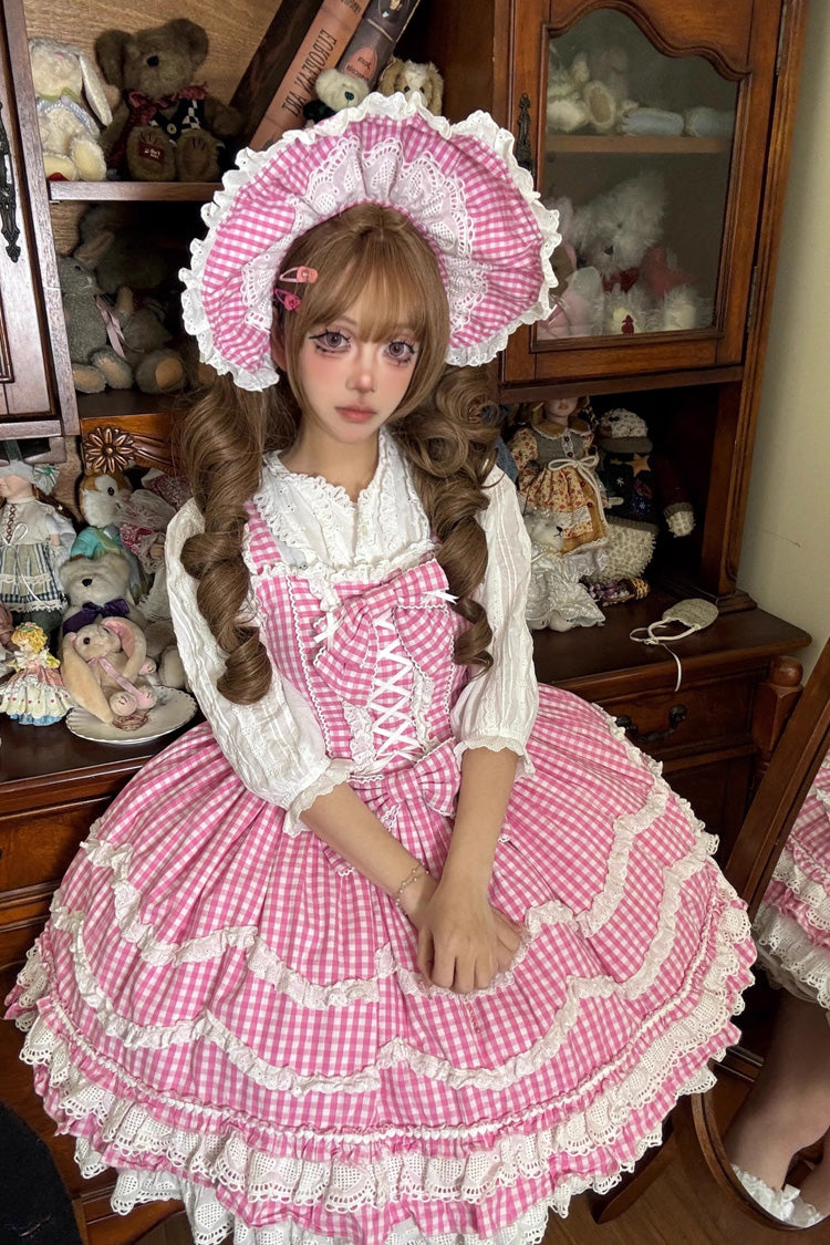 Pink Plaid Floral Ruffle Lace Up Sweet Lolita Dress