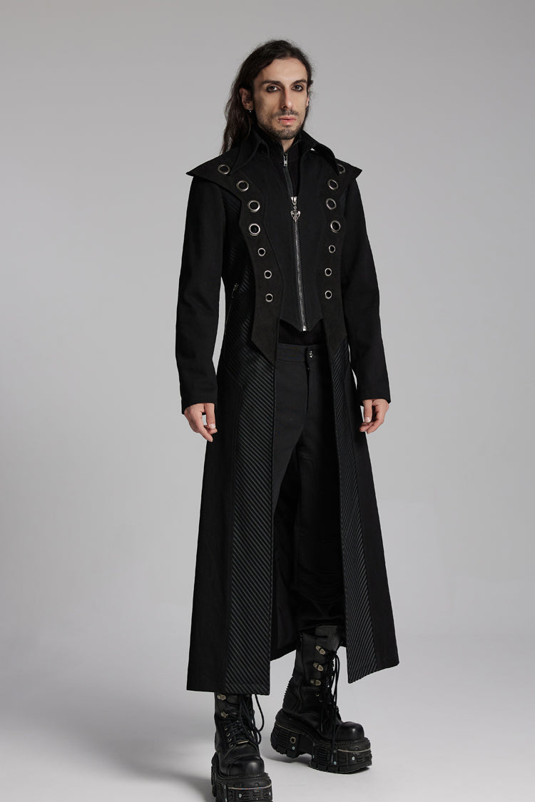 Noir Metallic Ring Zip Long-Sleeve Punk Overcoat for Men