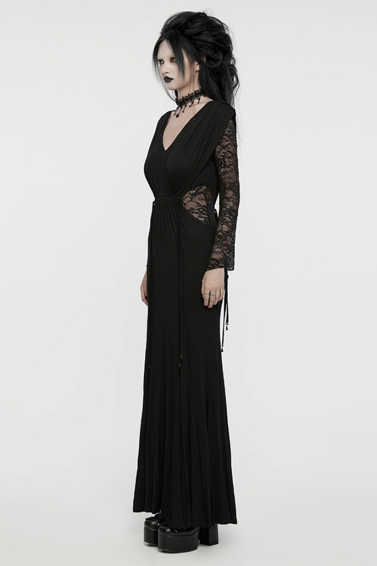 Black V-Neck Long Sleeves Stitching Lace Gothic Drawstring Honeymoon Gown