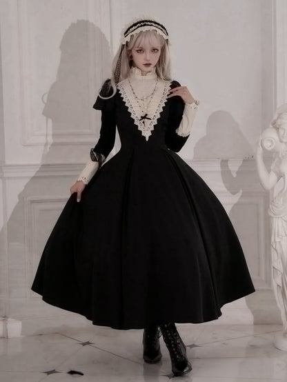 Elegant Black and Beige Ruffle Banded Collar Long Dress