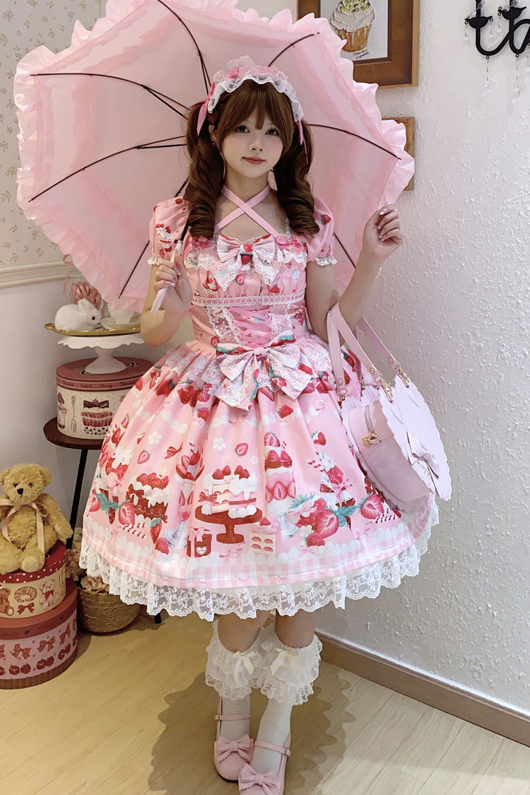 Pink Strawberry Parfait Print Ruffle Bow Lace-Up Lolita Dress