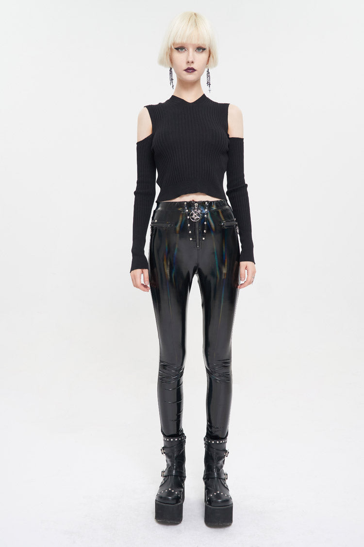 Women's Punk Wool Knit Long Sleeve Sweater with Hooded Off-The-Shoulder Back Cutout Rope String Upside Down Pentagram