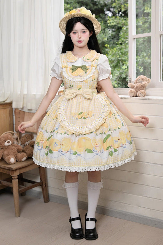 Sunshine Printed Ruffle Bow Lace Sweet Jumper Dress - Lemon Chicken