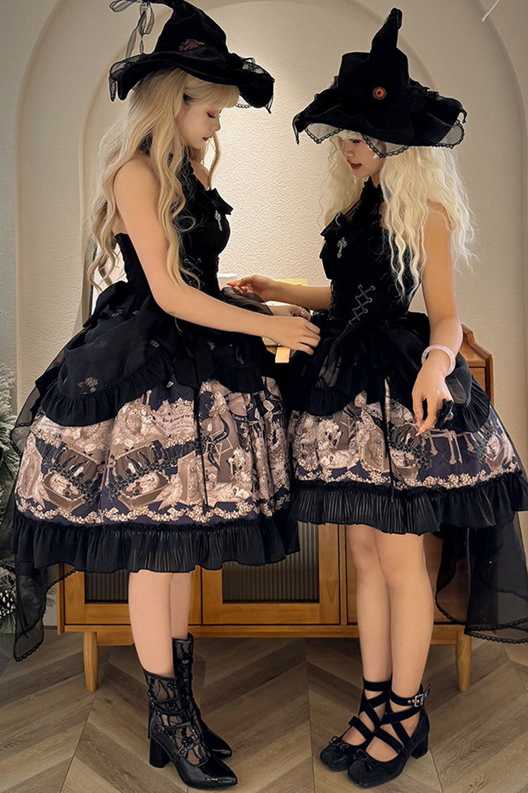 Black Halterneck Print Bowknot Drawstring Gothic Lolita Dress